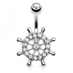 Piercing nombril gouvernail avec cristaux transparents (D219)