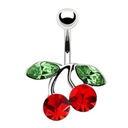 Piercing nombril cerise rouge feuilles vertes (D174)