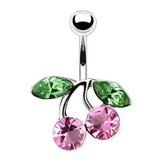 Piercing nombril cerise rose feuilles vertes (D174)