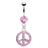 Piercing nombril peace and love avec cristaux roses (D129)