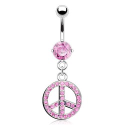 Piercing nombril peace and love avec cristaux roses (D129)