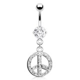 Piercing nombril peace and love avec cristaux transparents (D129)