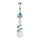 Piercing nombril vrilles avec strass bleu-clair et perle (D143)