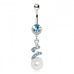 Piercing nombril vrilles avec strass bleu-clair et perle (D143)