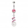 Piercing nombril vrilles avec strass roses et perle pendante (D143)