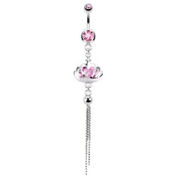 Piercing nombril couronne cristal rose et chainettes (D167)