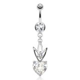 Piercing nombril cristal cœur transparent avec une couronne (D123)