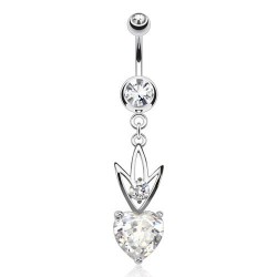 Piercing nombril cristal cœur transparent avec une couronne (D123)