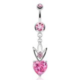 Piercing nombril cristal cœur rose avec une couronne (D123)