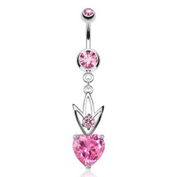 Piercing nombril cristal cœur rose avec une couronne (D123)