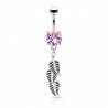 Piercing nombril cristal rose avec pendentif trois feuilles (D30)