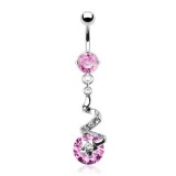 Piercing nombril vrilles strass transparents et cercle rose (D154)