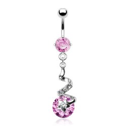 Piercing nombril vrilles strass transparents et cercle rose (D154)