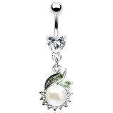 Piercing nombril cristal cœur transparent et perle blanche (D168)