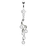 Piercing nombril vrille avec cristaux ronds transparents (D49)