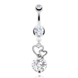 Piercing nombril cœur 58 - Double, creux et avec zircone rond transparent