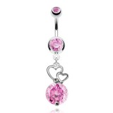 Piercing nombril cœur 58 - Double, creux et avec zircone rond rose