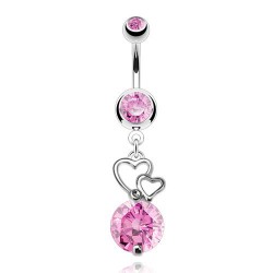 Piercing nombril cœur 58 - Double, creux et avec zircone rond rose