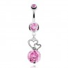 Piercing nombril cœur 58 - Double, creux et avec zircone rond rose