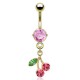 Piercing nombril plaqué-or 12 - Cerise feuille verte et cristaux roses