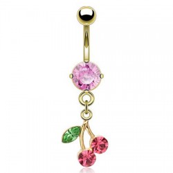 Piercing nombril plaqué-or 12 - Cerise feuille verte et cristaux roses