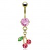 Piercing nombril plaqué-or 12 - Cerise feuille verte et cristaux roses