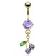 Piercing nombril plaqué-or 12 - Cerise feuille verte et cristaux lilas