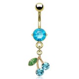 Piercing nombril plaqué-or 12 - Cerise feuille verte et cristaux bleu-clair