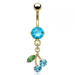 Piercing nombril plaqué-or 12 - Cerise feuille verte et cristaux bleu-clair