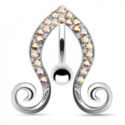 Piercing nombril inversé 40 - Bouts en spirales et ligne de cristaux auroras