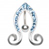 Piercing nombril inversé 40 - Bouts en spirales et ligne de cristaux bleu-clair