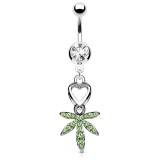 Piercing nombril cannabis 02 - Cœur et feuille avec cristaux vert-pomme
