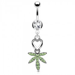 Piercing nombril cannabis 02 - Cœur et feuille avec cristaux vert-pomme