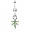 Piercing nombril cannabis 02 - Cœur et feuille avec cristaux vert-pomme