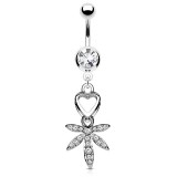 Piercing nombril cannabis 02 - Cœur et feuille avec cristaux transparents