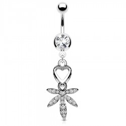 Piercing nombril cannabis 02 - Cœur et feuille avec cristaux transparents