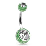 Piercing nombril UV 14 - Vert avec paillettes double cristal transparent