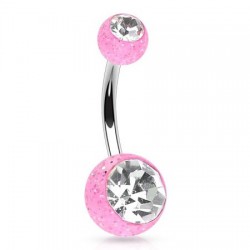 Piercing nombril UV 14 - Rose avec paillettes double cristal transparent