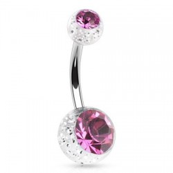Piercing nombril UV 14 - Transparent avec paillettes double cristal rose