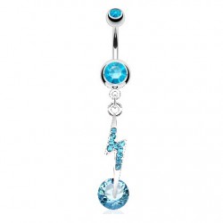 Piercing nombril éclair avec strass et zircone rond bleu-clair (D09)
