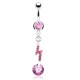 Piercing nombril éclair avec strass et zircone rond rose (D09)