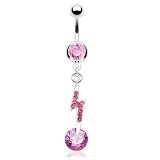 Piercing nombril éclair avec strass et zircone rond rose (D09)