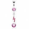 Piercing nombril éclair avec strass et zircone rond rose (D09)