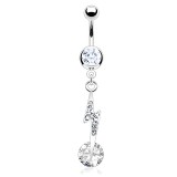 Piercing nombril éclair avec strass et zircone rond transparent (D09)