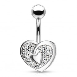 Piercing nombril cœur 83 - Gris et plat avec cristaux transparents
