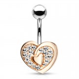 Piercing nombril cœur 83 - Rose et plat avec cristaux transparents