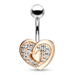 Piercing nombril cœur 83 - Rose et plat avec cristaux transparents