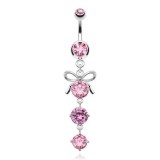 Piercing nombril nœud papillon 01 - Trois zircones ronds roses
