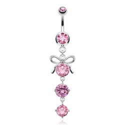 Piercing nombril nœud papillon 01 - Trois zircones ronds roses