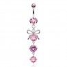 Piercing nombril nœud papillon 01 - Trois zircones ronds roses